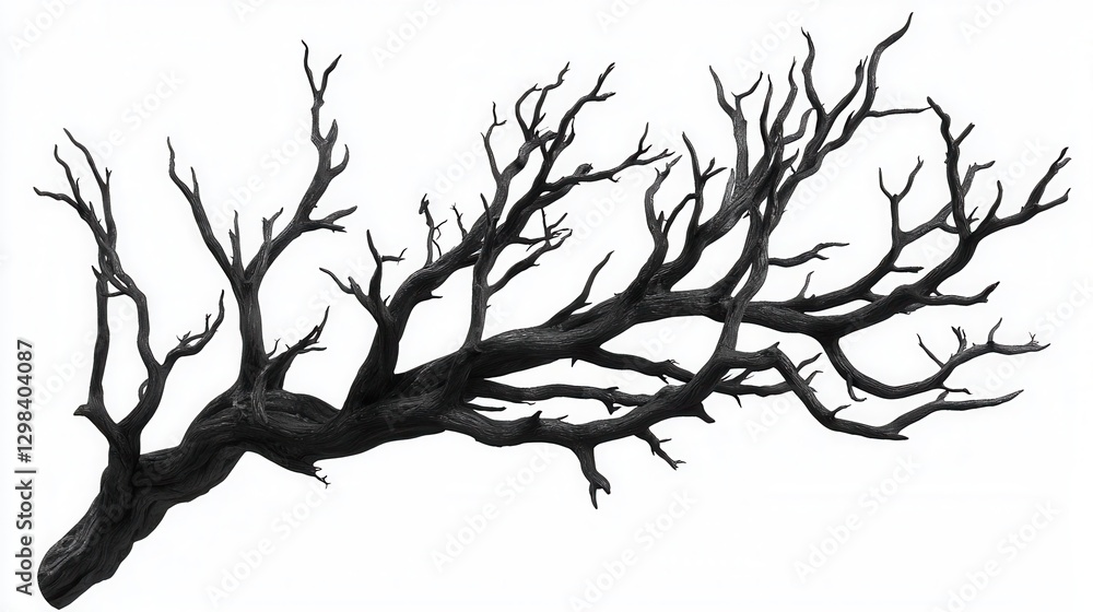 Obraz premium Black Silhouette of a Twisted Tree Branch with Bare Twigs