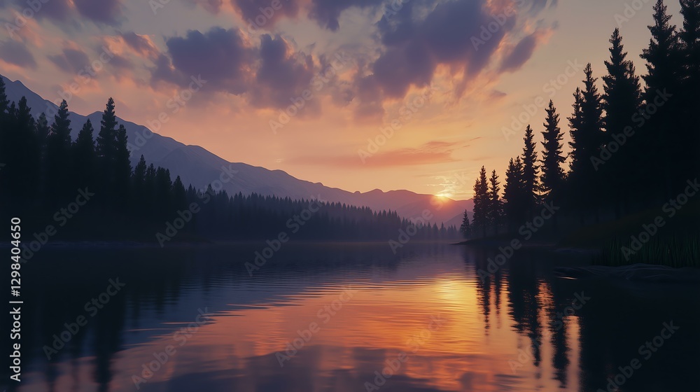 Fototapeta premium A serene sunset over a calm lake, framed by towering trees and majestic mountains.