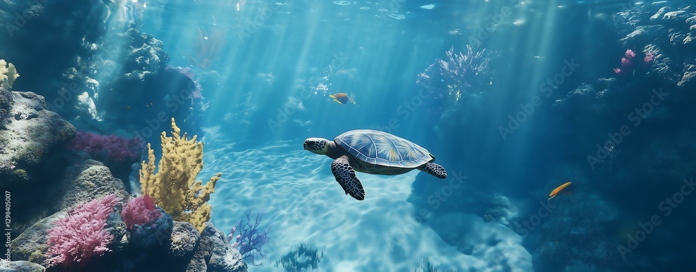 Fototapeta premium A serene underwater scene featuring a turtle swimming past colorful coral reefs.