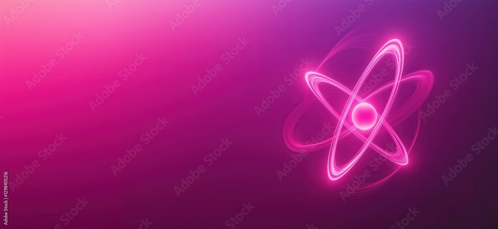 Glowing pink atom symbol on vibrant gradient background for science and technology themes, copy space for text Glowing pink atom symbol on vibrant gradient background for science and technology themes, copy space for text