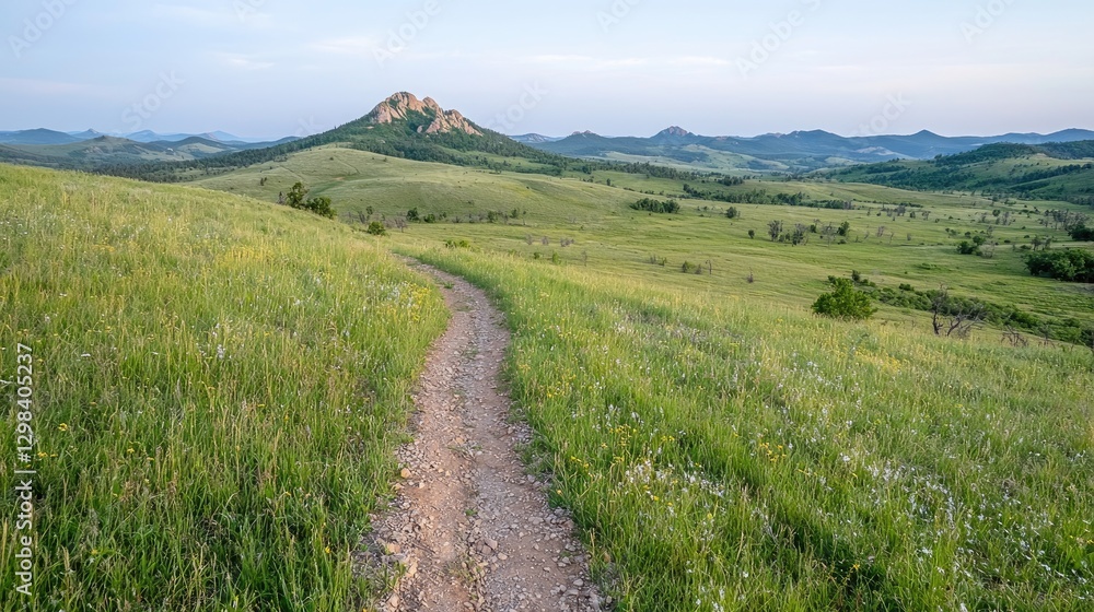 Naklejka premium Hiking trail through grassy hills, rocky peak background, peaceful landscape, travel photography