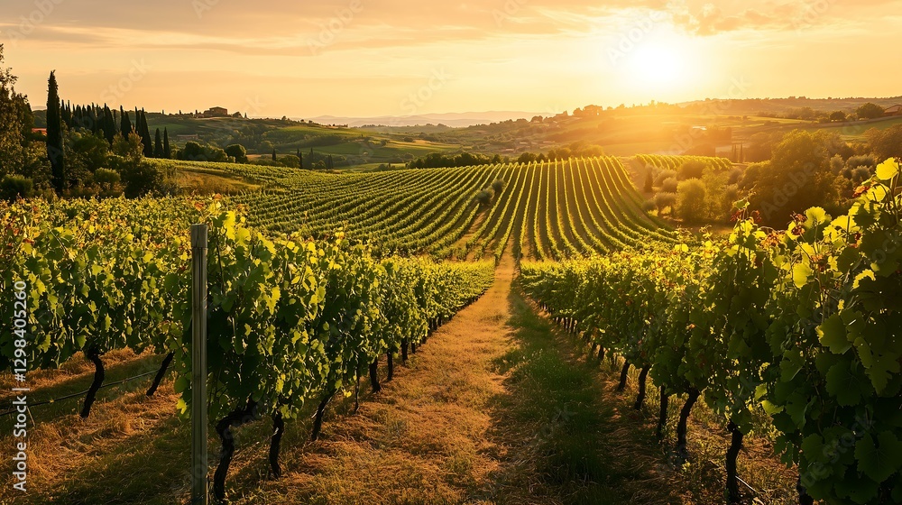 Naklejka premium A serene vineyard at sunset showcasing lush grapes and rolling hills in the distance.