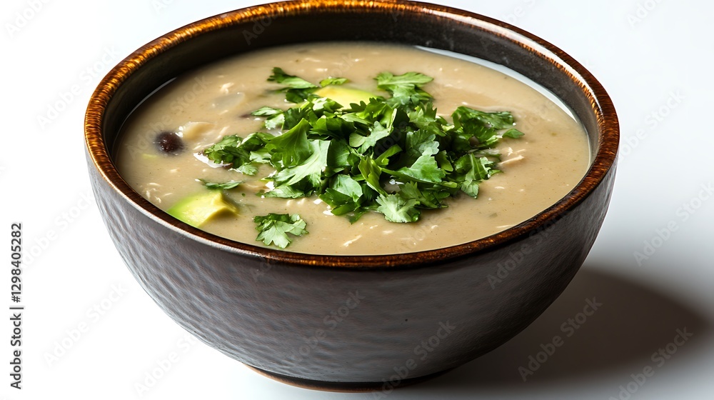 Creamy chicken soup in a brown bowl, garnished with cilantro and avocado, on a white background Creamy chicken soup in a brown bowl, garnished with cilantro and avocado, on a white background