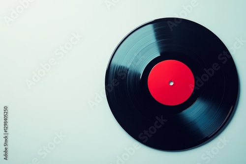 Red Label Vinyl Record - A black vinyl record with a red label center, symbolizing music, nostalgia, vintage audio, analog technology, and sound waves