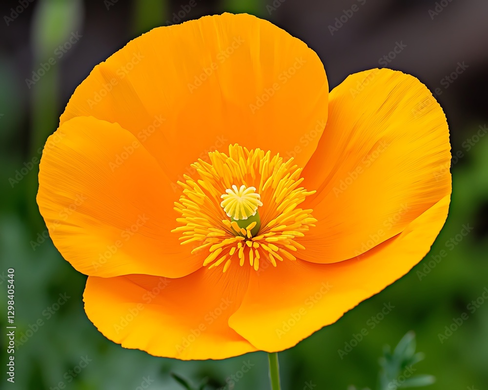 Open orange poppy blooms, pistil visible, blurred greenery. Beauty shot. Botanical illustration Open orange poppy blooms, pistil visible, blurred greenery. Beauty shot. Botanical illustration