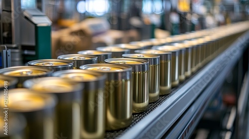 Wallpaper Mural Aluminum cans for food being processed on a factory conveyor line at a canned food manufacturing plant, with selective focus Torontodigital.ca