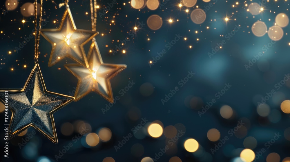 Golden star ornaments hanging on Christmas tree branches with bokeh lights and festive background Golden star ornaments hanging on Christmas tree branches with bokeh lights and festive background