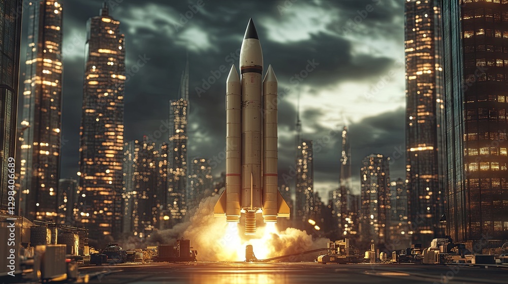 Obraz premium A large missile on a launch pad with skyscrapers in the background