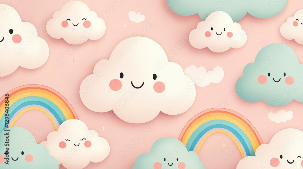 Science meteorology education concept. Playful clouds and rainbows on a pastel pink background. Science meteorology education concept. Playful clouds and rainbows on a pastel pink background.