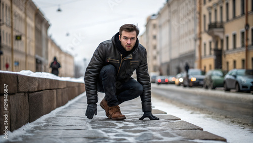 Cautious man crouching on a slippery street, indicating danger in a winter urban environment
