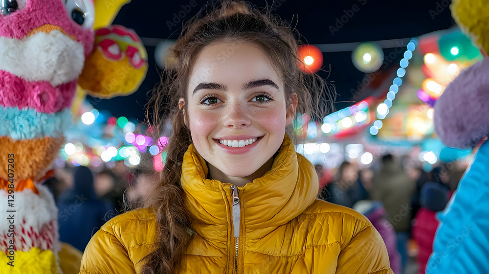 Fototapeta premium Smiling girl at night market, festive lights blurred background, funfair