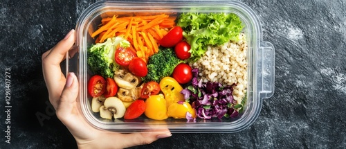 Hand Holding Glass Container with Colorful Salad