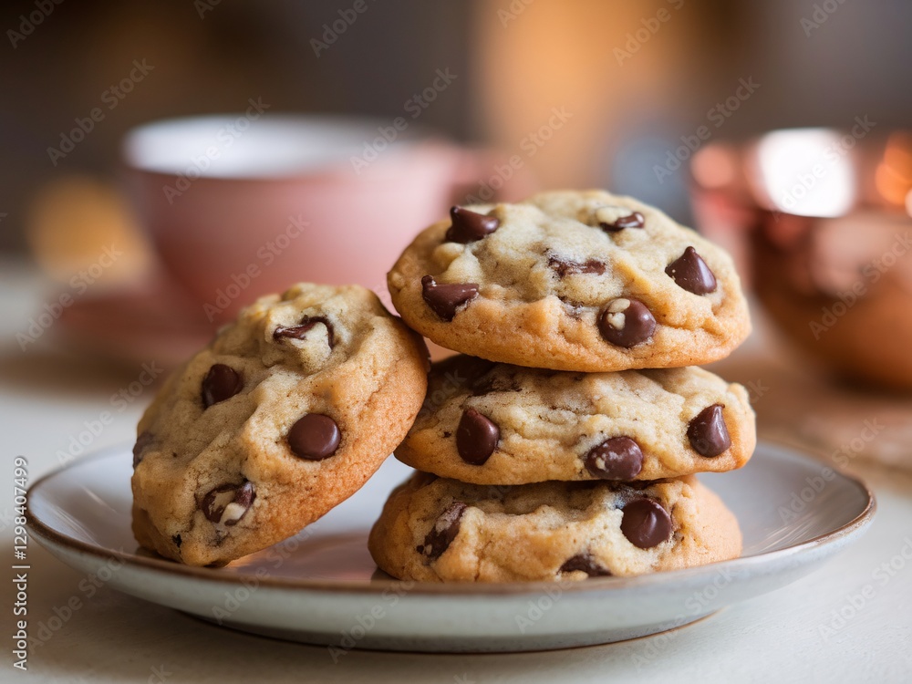 Four golden brown cookies stacked on a plate, showcasing chocolate chips, with a soft background. Four golden brown cookies stacked on a plate, showcasing chocolate chips, with a soft background.