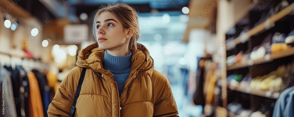 Young woman in stylish brown puffer jacket shopping in trendy clothing store, copy space for text Young woman in stylish brown puffer jacket shopping in trendy clothing store, copy space for text