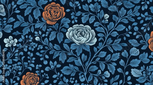 Colorful Floral Pattern with Roses and Leaves on Dark Background