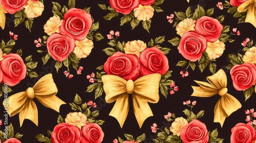Charming Floral Pattern with Roses and Bows on Dark Background