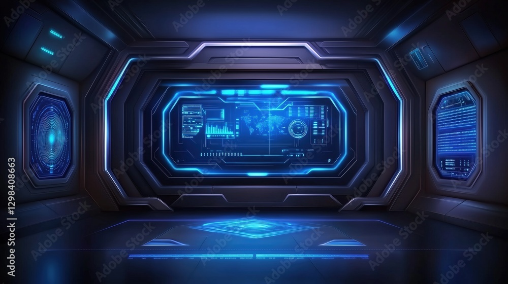 Fototapeta premium Futuristic control room with blue digital interface and holographic displays. Science fiction technology