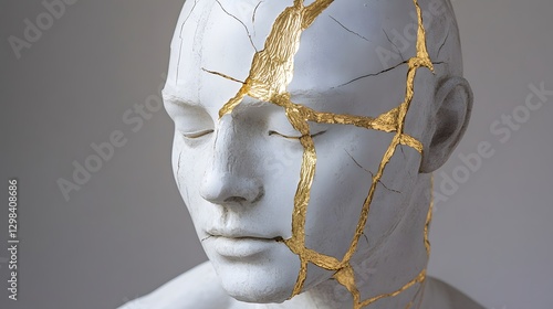 Broken Statue Mended with Golden Bandages Conceptual Art Display