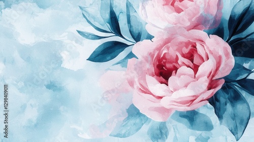 Beautiful Pink Roses on Soft Blue Background for Floral Art