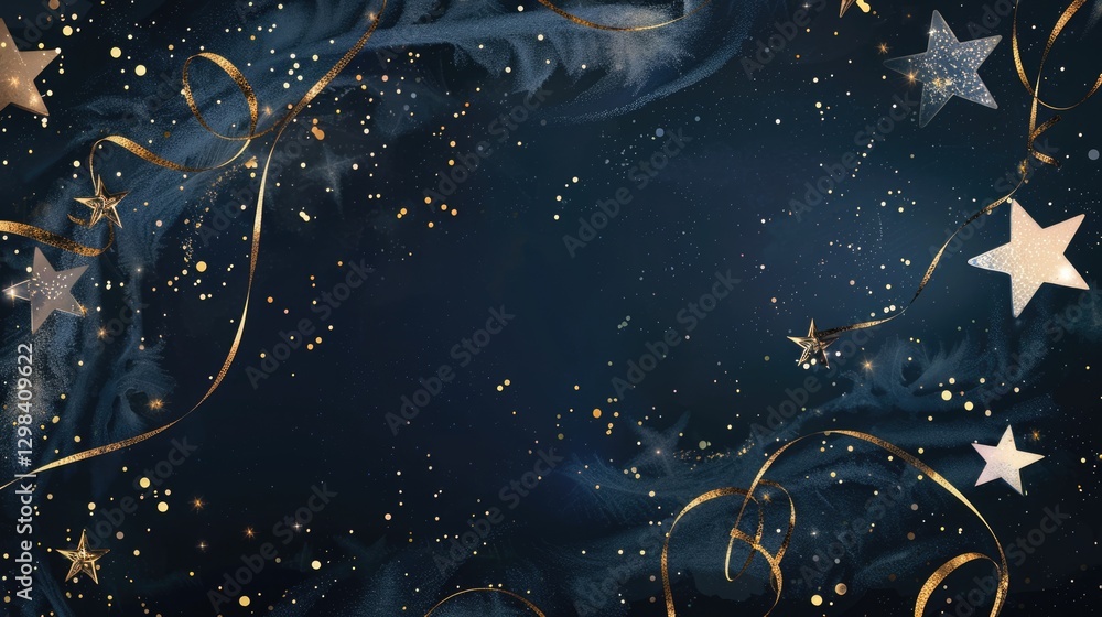 Elegant gold stars and flowing ribbons on deep navy blue background with glittering particles, luxury celebration concept Elegant gold stars and flowing ribbons on deep navy blue background with glittering particles, luxury celebration concept