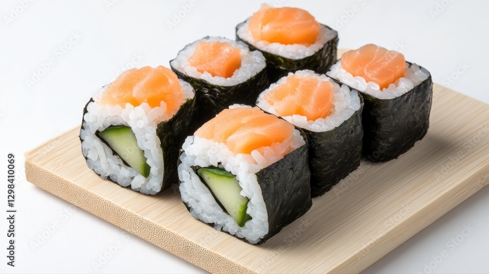 Fresh salmon sushi with cucumber on wooden board, showcasing traditional Japanese cuisine. Fresh salmon sushi with cucumber on wooden board, showcasing traditional Japanese cuisine.