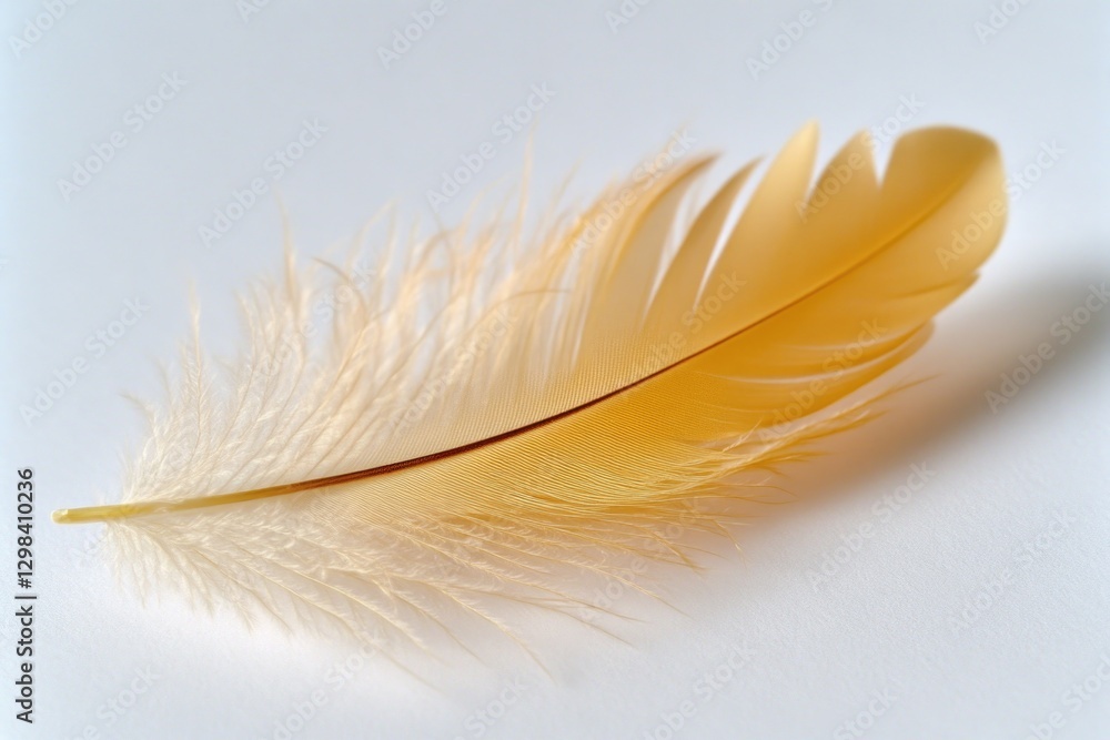 Fototapeta premium A single yellow feather lies on a clean white surface