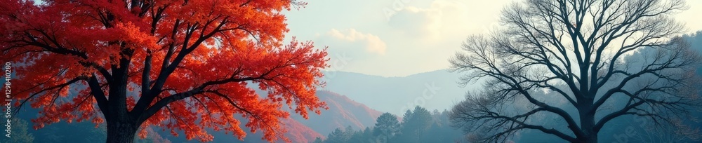 Fototapeta premium Evergreen and deciduous trees contrast with bare branches in winter, deciduous, tree