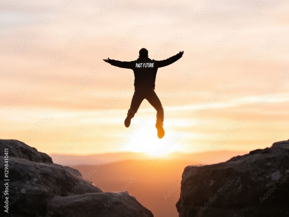 man jumping between rocks at sunset: past and future man jumping between rocks at sunset: past and future