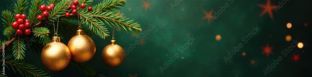 Evergreen sprig with red berries and golden ornaments hanging from it, holiday, gold, red berries Evergreen sprig with red berries and golden ornaments hanging from it, holiday, gold, red berries