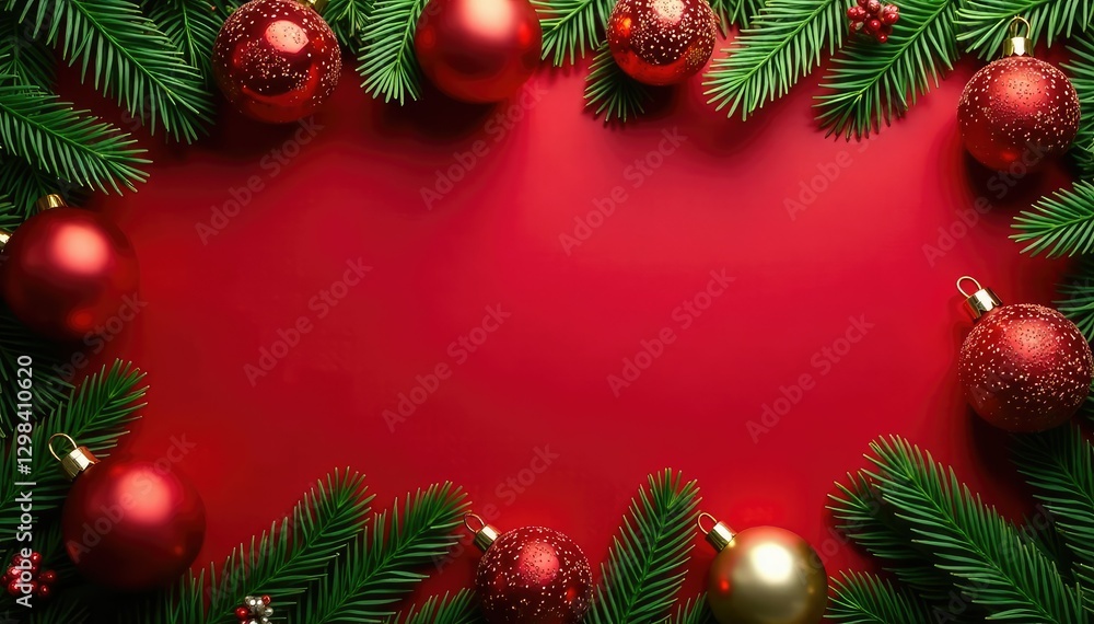 Evergreen pine tree ornaments scattered around a festive red holly background, Christmas decor, festive atmosphere, festive elements Evergreen pine tree ornaments scattered around a festive red holly background, Christmas decor, festive atmosphere, festive elements