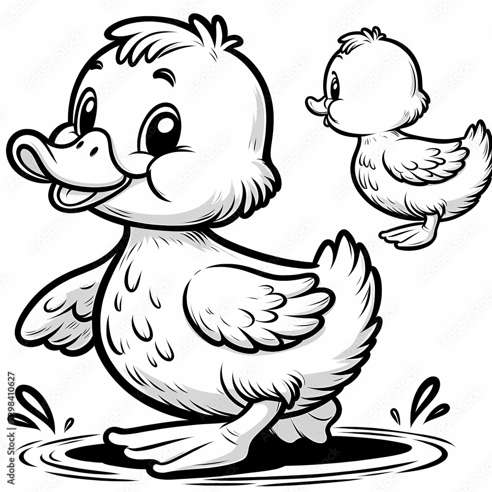 Happy duck walking with ripples in water. Simple line art drawing for children. Happy duck walking with ripples in water. Simple line art drawing for children.