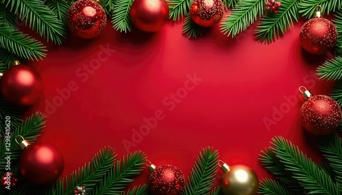 Wallpaper Mural Evergreen pine tree ornaments scattered around a festive red holly background, Christmas decor, festive atmosphere, festive elements Torontodigital.ca