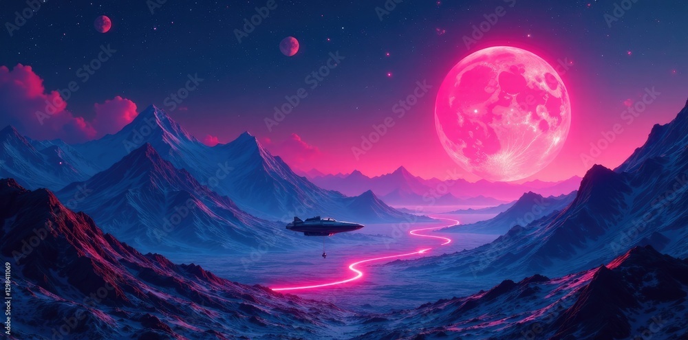 Gridded mountains with a retro futuristic spaceship landing site, intergalactic travel, neon lights, galaxies Gridded mountains with a retro futuristic spaceship landing site, intergalactic travel, neon lights, galaxies