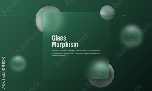 Website landing page template with glass morphism effect. Presentation carousel with glass overlay effect on floating gradient spheres. Frosted glass effect on dark background.