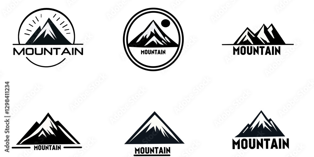 Obraz premium Collection of minimalistic black mountain logos in vector format. Ideal for hiking clubs, travel businesses, outdoor apparel brands, and adventure-themed projects