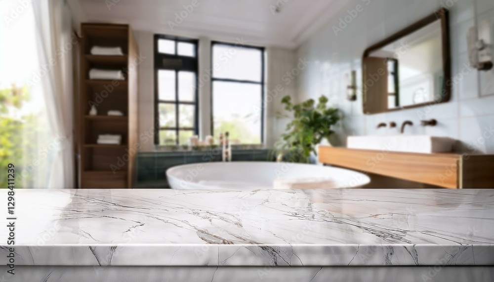 Fototapeta premium 3D rendering of an empty marble top table with a blurred bathroom interior background for product display montage