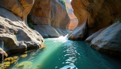 gurgling water amidst ancient rock formations, rocks, sound photo