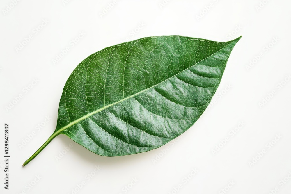 Obraz premium Single Green Leaf on White - Close-up of a single, vibrant green leaf isolated on a white background. Perfect for nature, ecology, and botanical themes