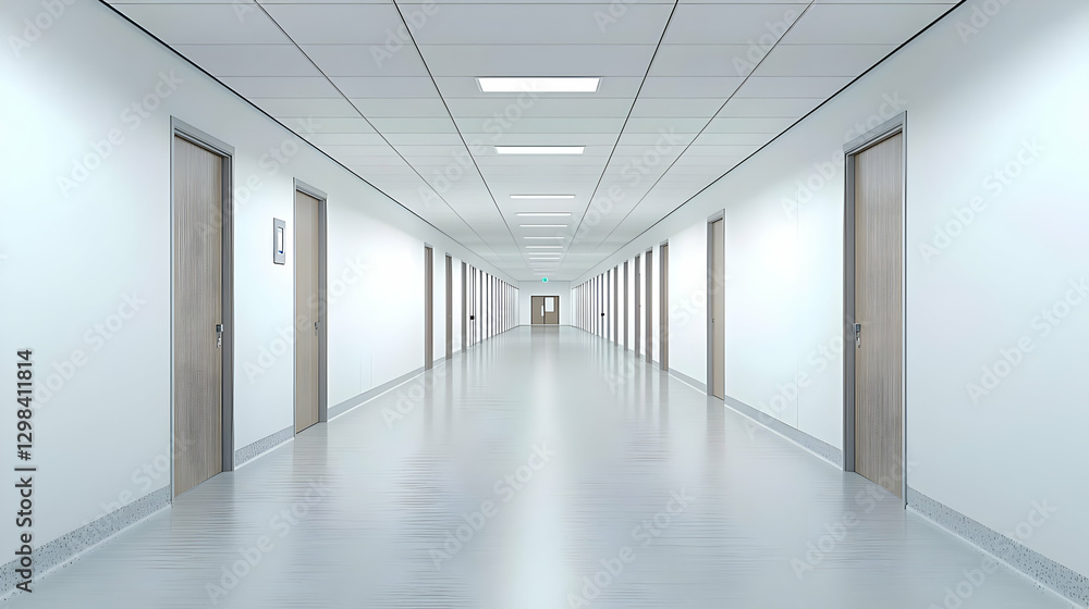 Long Empty Corridor with Rows of Closed Wooden Doors Under White Ceiling in Perspective Long Empty Corridor with Rows of Closed Wooden Doors Under White Ceiling in Perspective