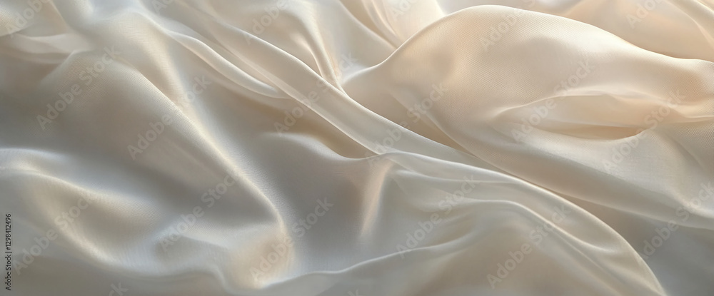 Obraz premium Close-up of soft flowing ivory silk fabric with gentle folds and curves. The image showcases luxurious texture and elegant design, perfect for concepts of sophistication, beauty, and high-end fashion.