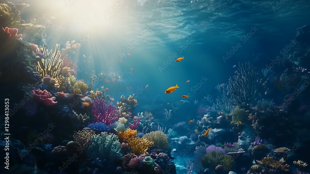Fototapeta premium Vibrant underwater scene with colorful coral reefs and fish swimming in sunlight.