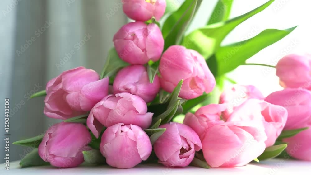 Pink tulip buds. Close-up bouquet on table Pink tulip buds. Close-up bouquet on table