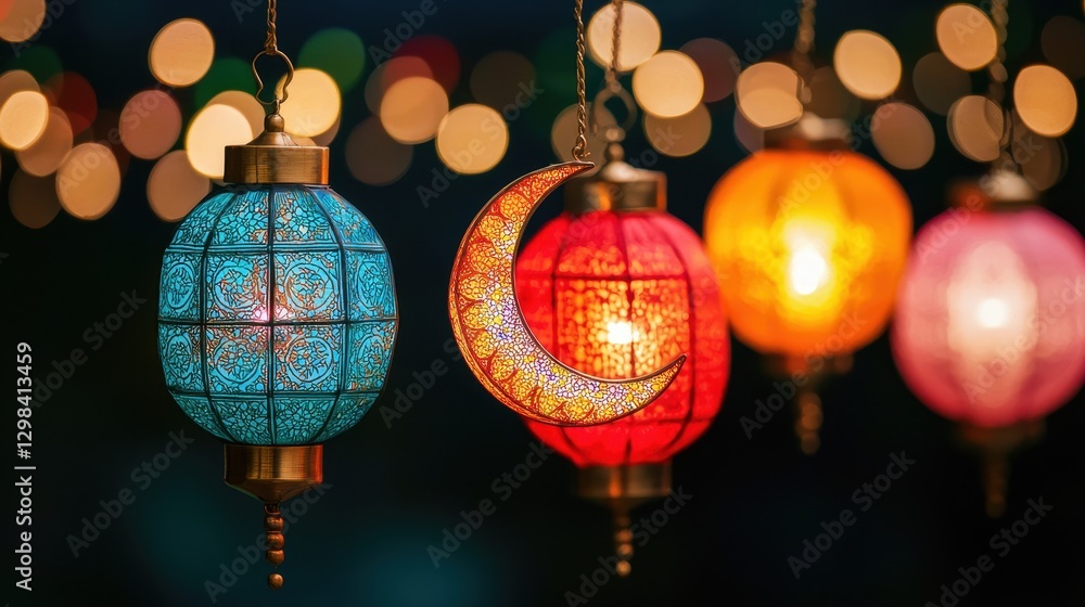 Colorful Lanterns Hanging with Beautiful Bokeh Background at Night Colorful Lanterns Hanging with Beautiful Bokeh Background at Night