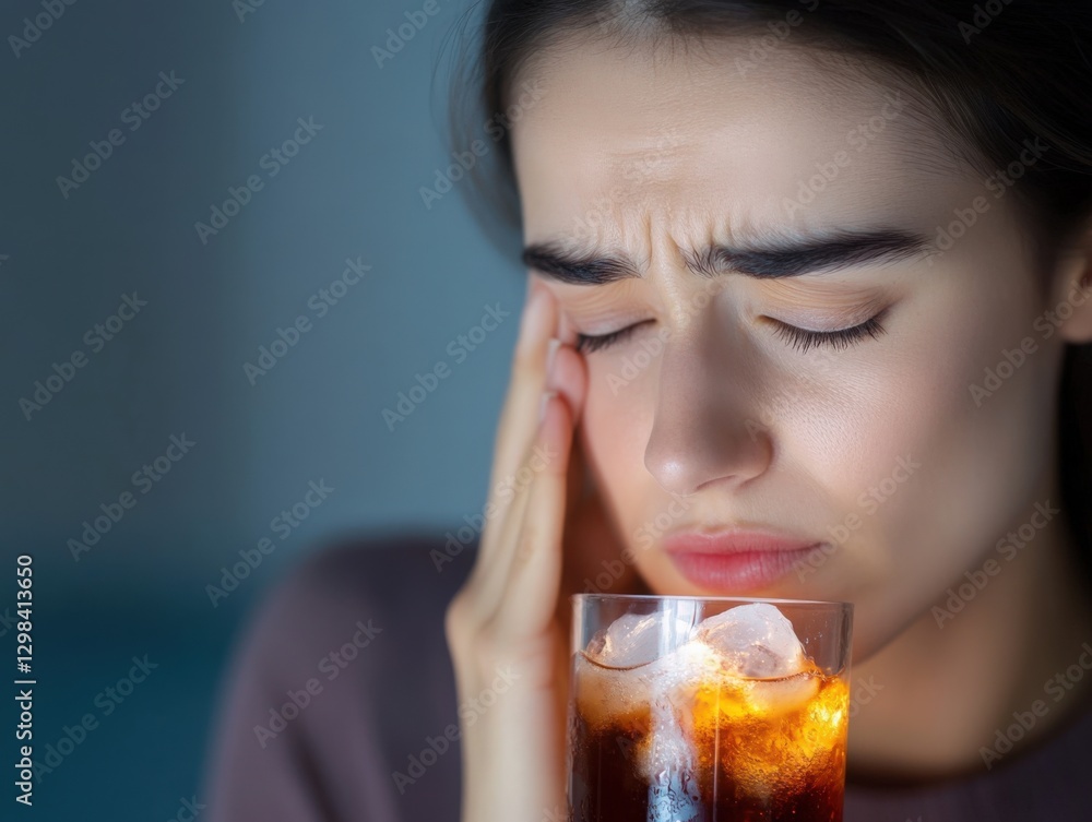 woman experiencing a headache with a drink woman experiencing a headache with a drink