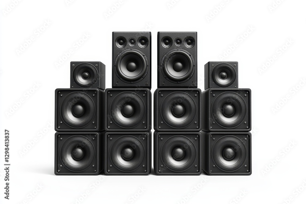 Stack of Audio Speakers on White Background - Powerful sound, music system, audio technology, home theater, entertainment. Symbolizing volume, rhythm, bass, clarity, and listening pleasure Stack of Audio Speakers on White Background - Powerful sound, music system, audio technology, home theater, entertainment. Symbolizing volume, rhythm, bass, clarity, and listening pleasure