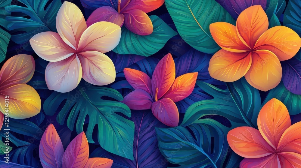 custom made wallpaper toronto digitalVibrant Tropical Floral Pattern with Colorful Leaves and Flowers