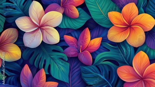 Wallpaper Mural Vibrant Tropical Floral Pattern with Colorful Leaves and Flowers Torontodigital.ca