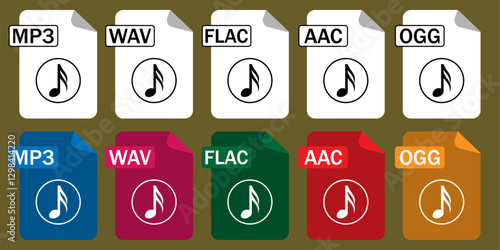 Collection of audio file format icons (MP3, WAV, FlAC, AAC, OGG) in outline and color styles. Great for apps, music platforms, and digital designs.