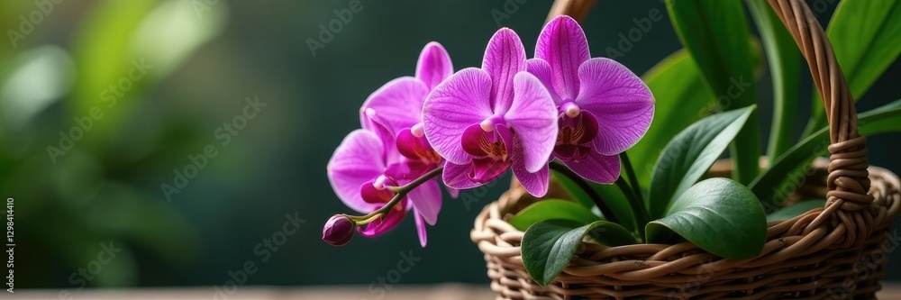 Purple orchid blooms in a basket with other tropical plants, basket, exotic Purple orchid blooms in a basket with other tropical plants, basket, exotic