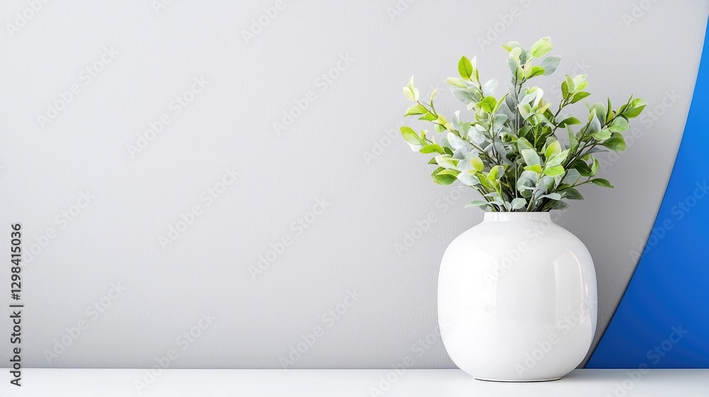 White vase, green plant, grey wall, blue accent, home decor White vase, green plant, grey wall, blue accent, home decor